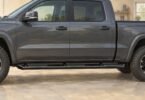Illustration of a pickup with a long running board and three step positions.