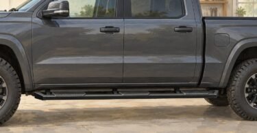 Illustration of a pickup with a long running board and three step positions.