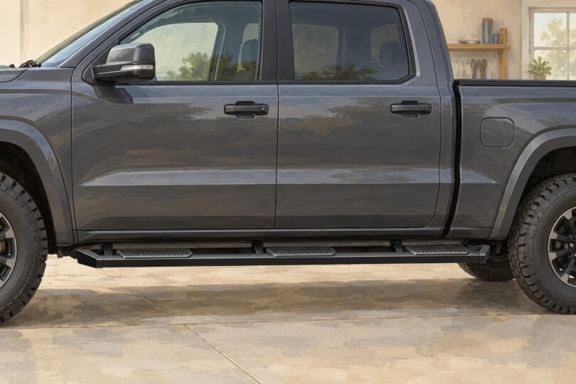 Illustration of a pickup with a long running board and three step positions.