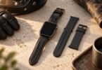 Generic smartwatch with a leather band and a separate silicone strap.