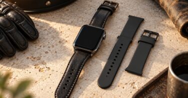 Generic smartwatch with a leather band and a separate silicone strap.