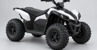 Generic unbranded electric four-wheel off-road quad, stationary with no rider.