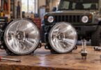 Editorial illustration of clear round headlamps and a halogen bulb on a workbench.