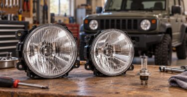 Editorial illustration of clear round headlamps and a halogen bulb on a workbench.