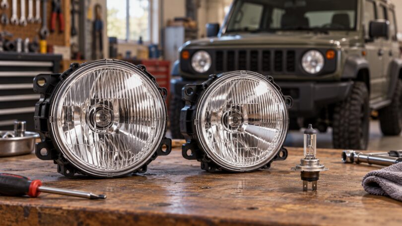 Editorial illustration of clear round headlamps and a halogen bulb on a workbench.