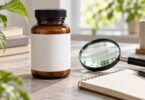 Plain unbranded supplement bottle beside a magnifying glass and notebook.