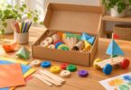 An open unbranded craft box with wooden wheels, paper shapes and a small handmade toy.