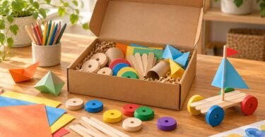 An open unbranded craft box with wooden wheels, paper shapes and a small handmade toy.