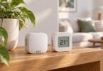 Generic room climate sensors on a shelf beside a houseplant.