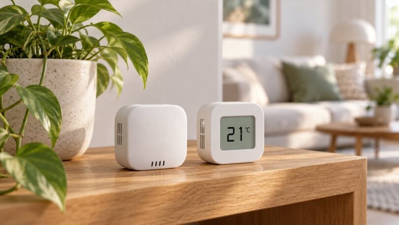 Generic room climate sensors on a shelf beside a houseplant.