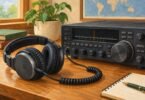 Illustration of generic wired over-ear headphones beside a desktop amateur radio receiver.