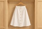 Illustration of a generic white A-line skirt with front buttons on a wooden hanger.