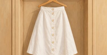 Illustration of a generic white A-line skirt with front buttons on a wooden hanger.
