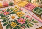 Illustration of a floral diamond-painting project with resin drills and an applicator.