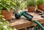 Generic green plastic hose nozzle attached to a hose on a potting bench.