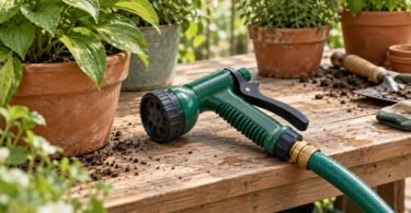 Generic green plastic hose nozzle attached to a hose on a potting bench.