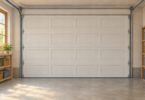Fully closed sectional garage door viewed from inside a garage.