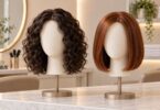 Generic curly dark wig and auburn bob on featureless display stands.