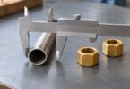 Vernier caliper and a plain metal tube beside two unbranded brass hex nuts on a workshop bench.