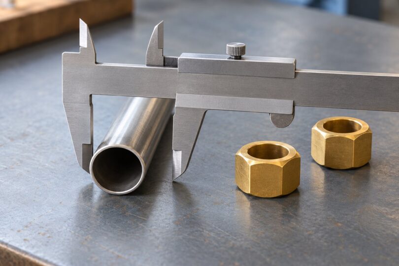 Vernier caliper and a plain metal tube beside two unbranded brass hex nuts on a workshop bench.
