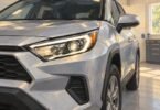 Illustration of a headlight assembly on an unbranded silver compact SUV.