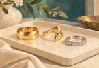Illustration of a plain gold-tone band, sculptural ring and silver-tone stone-set band.