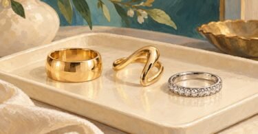 Illustration of a plain gold-tone band, sculptural ring and silver-tone stone-set band.