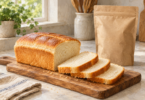 Sliced sandwich bread beside a plain sealed baking-mix pouch.