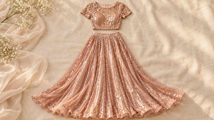 Generic separate rose-gold sequin crop top and long skirt laid flat.