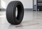 Generic unbranded passenger-car tire beside a ruler in a workshop.
