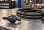 Generic unbranded vacuum check valve beside coiled black hose on a workshop bench.