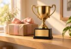 Generic gold-colored cup trophy with a blank engraving plate beside a wrapped gift.