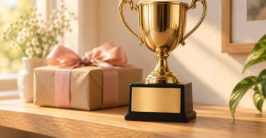 Generic gold-colored cup trophy with a blank engraving plate beside a wrapped gift.