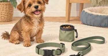 Illustration of a small dog beside a flat fabric collar, leash, and treat pouch.