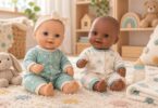 Toy baby dolls with a pretend feeding bottle and doll blanket