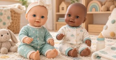 Toy baby dolls with a pretend feeding bottle and doll blanket