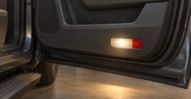 Illustration of a courtesy lamp in the lower interior panel of an open SUV door.