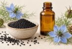 Editorial illustration of Nigella sativa seeds, flowers and an unlabeled oil bottle.