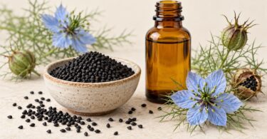 Editorial illustration of Nigella sativa seeds, flowers and an unlabeled oil bottle.