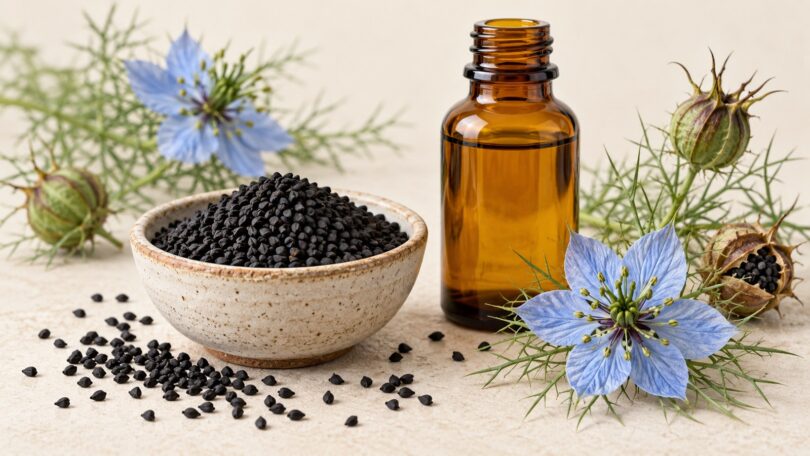 Editorial illustration of Nigella sativa seeds, flowers and an unlabeled oil bottle.