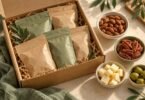 Kraft snack gift box with unbranded pouches beside bowls of almonds, pecans, cheese cubes and green olives.