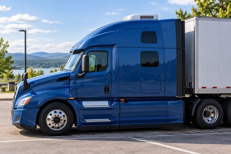 A generic parked truck with a low-profile rooftop air conditioner.