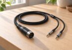 Unbranded black braided Y-shaped headphone cable with two slim headphone plugs and a round four-pin amplifier connector.