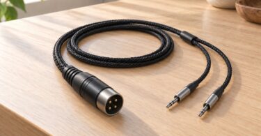 Unbranded black braided Y-shaped headphone cable with two slim headphone plugs and a round four-pin amplifier connector.