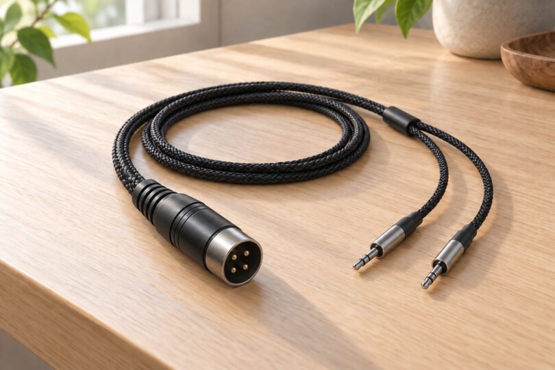 Unbranded black braided Y-shaped headphone cable with two slim headphone plugs and a round four-pin amplifier connector.