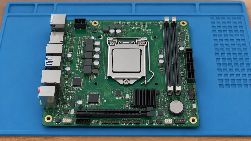 Generic unbranded compact motherboard on a work mat.