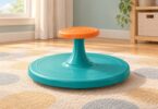 Generic low seated spinning toy with a wide teal platform and orange handwheel.