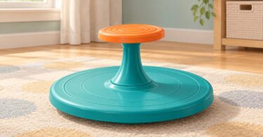 Generic low seated spinning toy with a wide teal platform and orange handwheel.