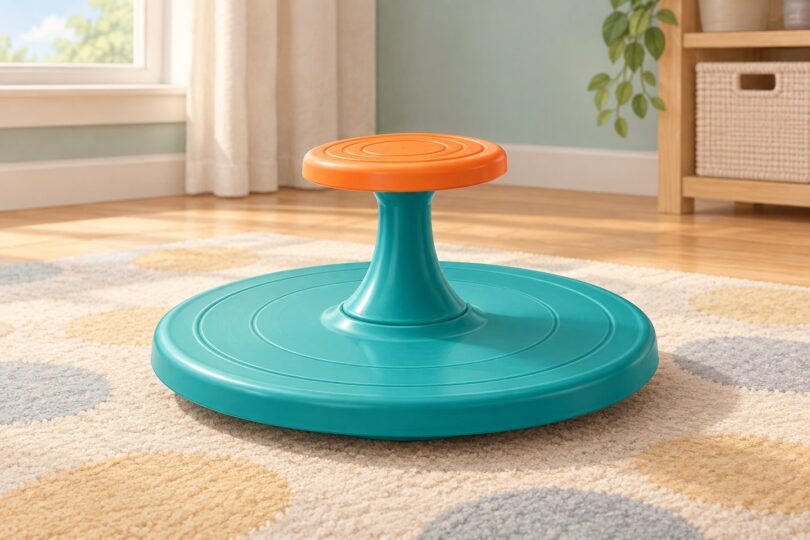 Generic low seated spinning toy with a wide teal platform and orange handwheel.