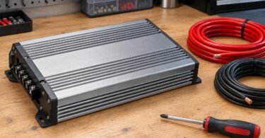 An unbranded compact silver amplifier beside unconnected power cables.